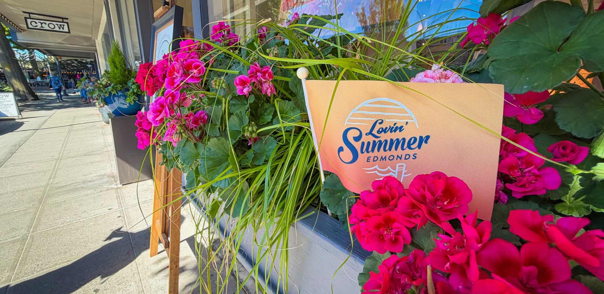 Lovin' Summer Edmonds flag in a planter in front of a business in Edmonds