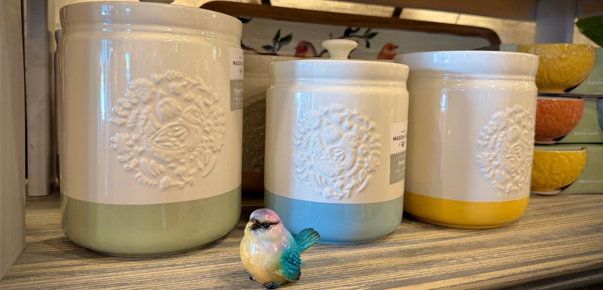 Cookie jars on a shelf at The Wooden Spoon in Edmonds